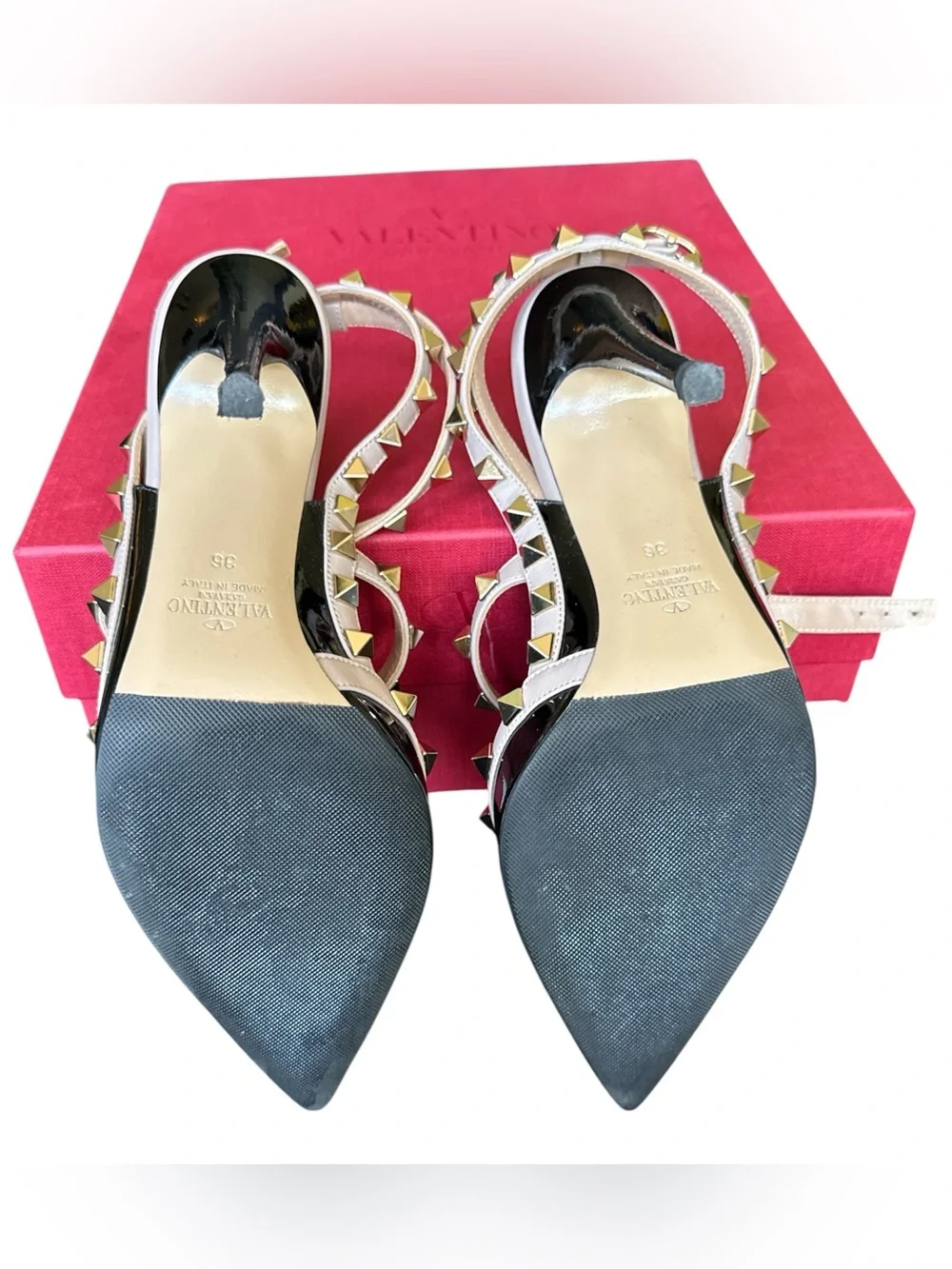 Valentino Rockstud Black Patent Pointed Toe Slingback Heels Size 36